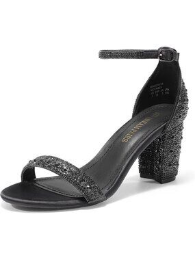 Women Black Rhinestone Comfortable Open Toe Ankle Strap Chunky Block Heel Sandal